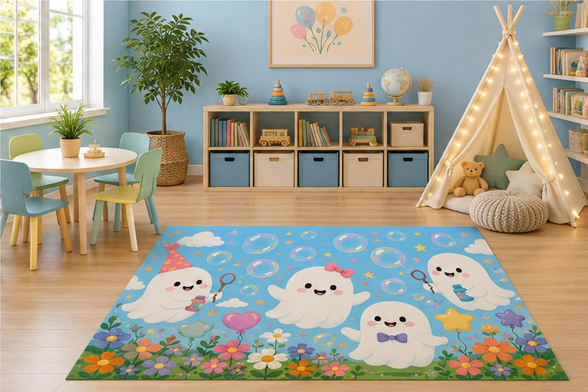 ICE ARMOR 5' x 7' Cute Ghost Bubble Party Kids Area Rug, Whimsical Halloween Cartoon Floral Nursery Playroom Bedroom Classroom Decor, Non-Slip Silicone Backing Low Pile