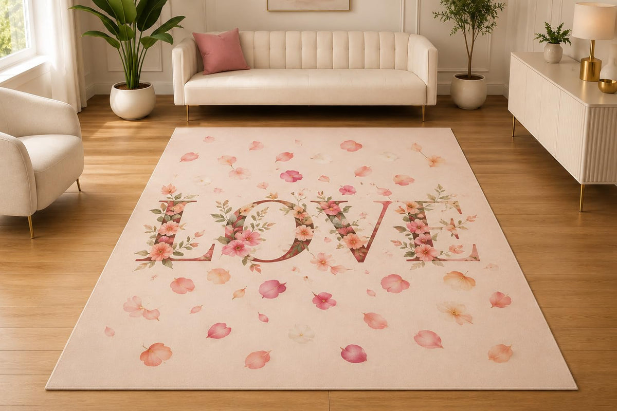 ICE ARMOR 5' x 7' Floral Letter Love Petal Area Rug, Soft Low Pile Indoor Rug with Non-Slip Silicone Backing for Bedroom, Living Room, Nursery, Family Room, Cream Pink Blush