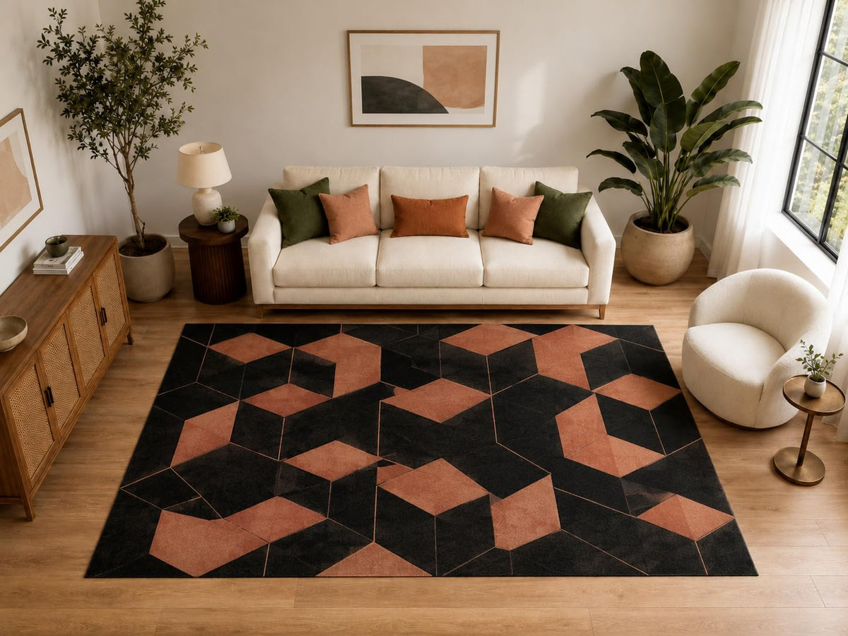 ICE ARMOR Large 6'7" x 9'10" Geometric Optical Cube Area Rug for for Bedroom, Living Room, Soft Low Pile Indoor Rug with Non-Slip Silicone Backing, Black Terracotta