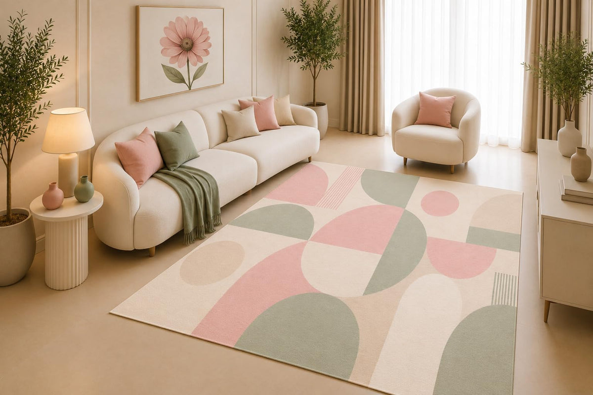 ICE ARMOR 5' x 7' Pastel Geometric Area Rug, Pink Sage Green Abstract Circle Pattern for Living Room Bedroom Nursery, Non-Slip Silicone Backing, Low Pile Carpet