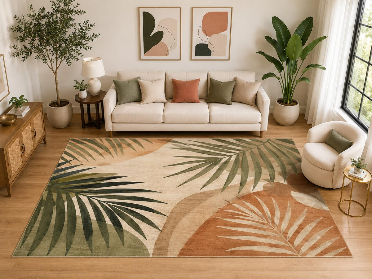 ICE ARMOR "Ultra Light Weight Large 6'7" x 9'10" Tropical Palm Leaf Area Rug, Soft Low Pile Indoor Rug and Non-Slip Silicone Backing for Living Room Dining Room, Green Orange