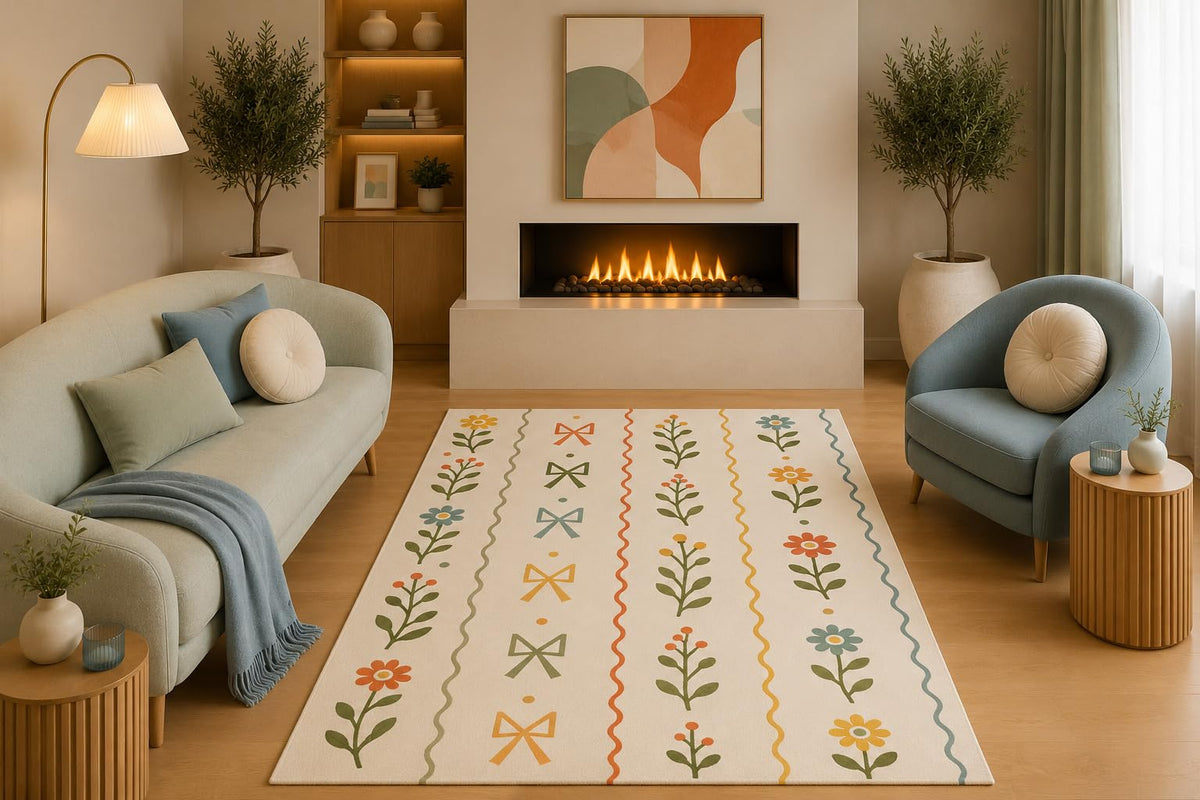 ICE ARMOR 5' x 7' Scandinavian Floral Area Rug Colorful Flowers Bows and Wavy Stripes for Living Room Bedroom Nursery Playroom Non-Slip Silicone Backing Low Pile