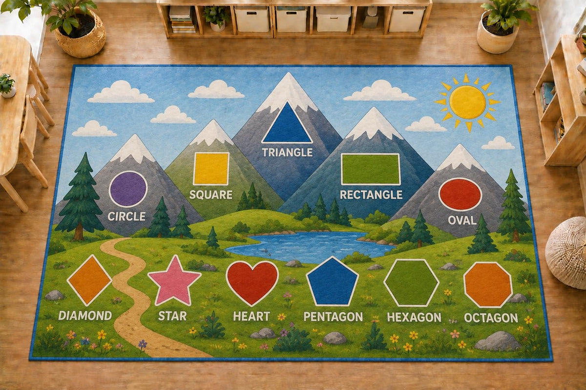 ICE ARMOR Large 6'7" x 9'10" Mountain Shapes Learning Area Rug, Soft Low Pile Indoor Rug with Non-Slip Silicone Backing for Kids Room Playroom, Blue