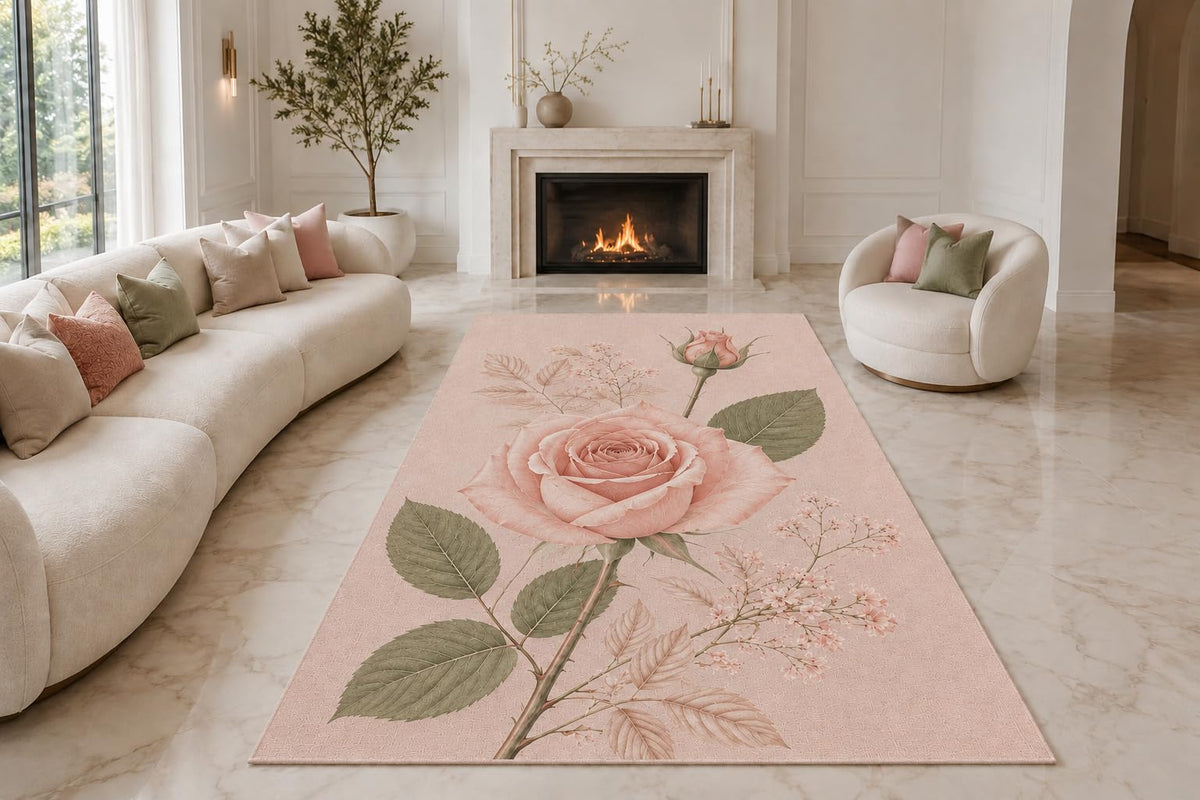 ICE ARMOR "Ultra Lightweight Large 6'7" x 9'10" Single Rose Stem Area Rug for Living Room, Bedroom and Home Office, Soft Low Pile Carpet with Non-Slip Silicone Backing, Pink and Sage