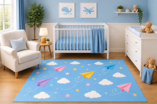 ICE ARMOR 5' x 7' Paper Airplane Sky Area Rug for Nursery Room, Minimalist Clouds and Stars Design for Baby Boy Bedroom Playroom Decor, Non-Slip Silicone Backing Low Pile