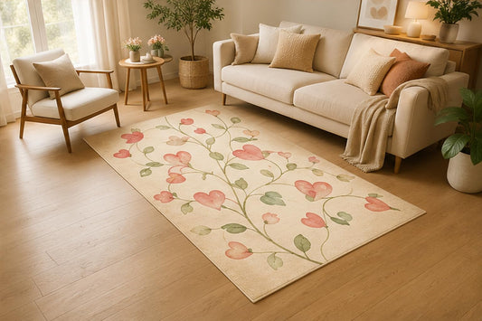 ICE ARMOR 5' x 7' Heart Vine Botanical Area Rug, Soft Low Pile Indoor Rug with Non-Slip Silicone Backing for Living Room, Bedroom, Office, Family Room, Romantic Floral Decor, Pink Green Cream