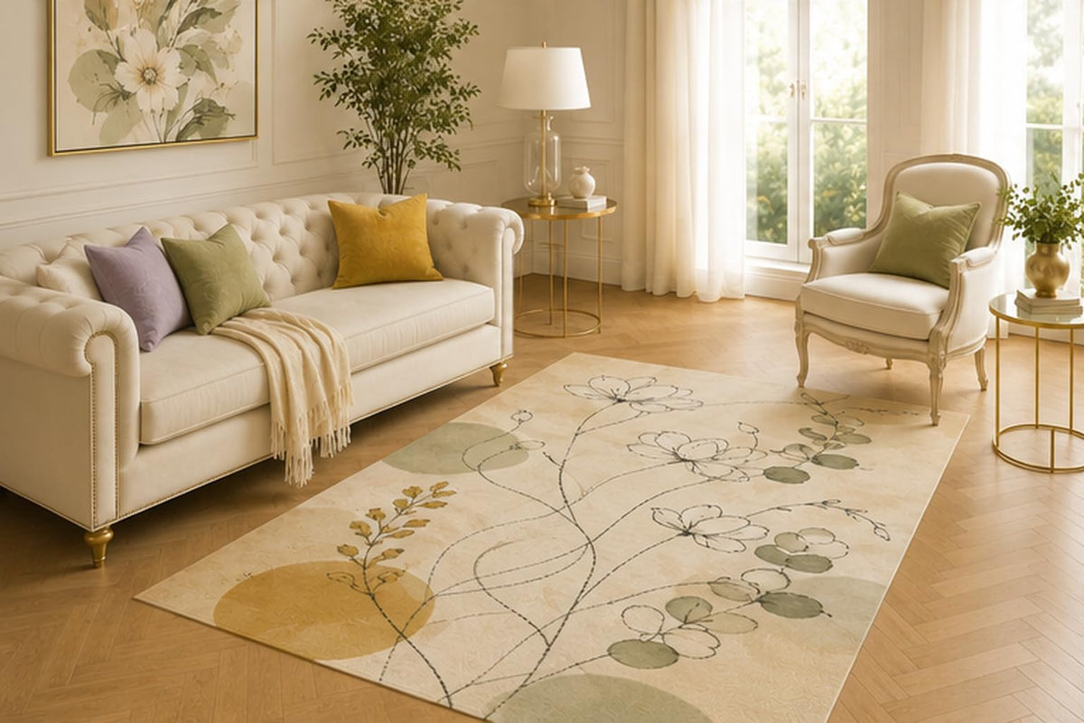 ICE ARMOR 5' x 7' Minimal Line Art Floral Area Rug for Living Room, Soft Low Pile Indoor Carpet with Non-Slip Backing for Bedroom, Dining Room, Office, Cream
