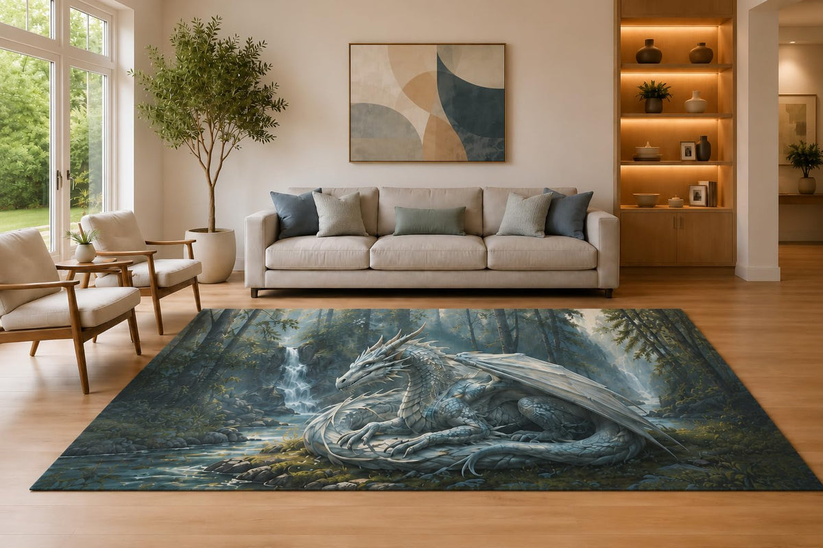 ICE ARMOR Large 6'7" x 9'10" Silver and Blue Waterfall Dragon Area Rug for Living Room, Soft Low Pile Carpet with Non-Slip Silicone Backing, Decor for Bedroom Dining Room and Home Office