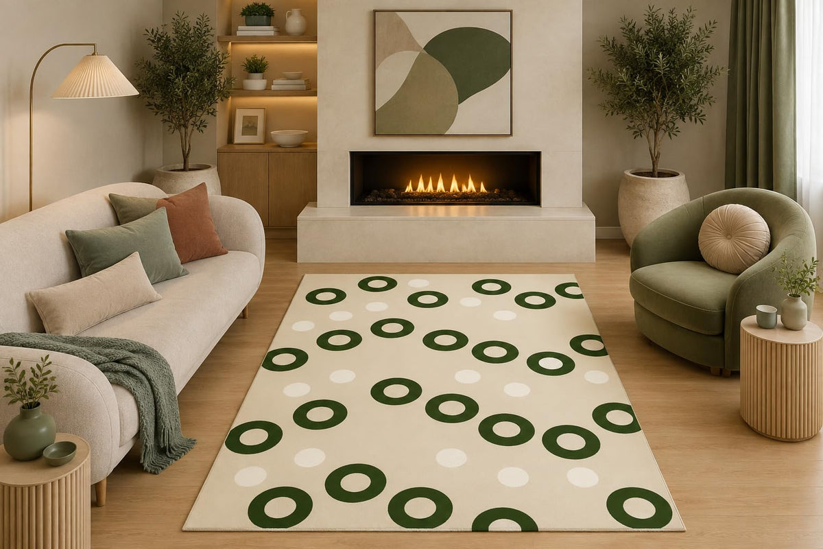 ICE ARMOR 5' x 7' Modern Geometric Circle Area Rug Minimalist Green Ring Polka Dot Design for Living Room Bedroom Dining Room Non-Slip Silicone Backing Low Pile