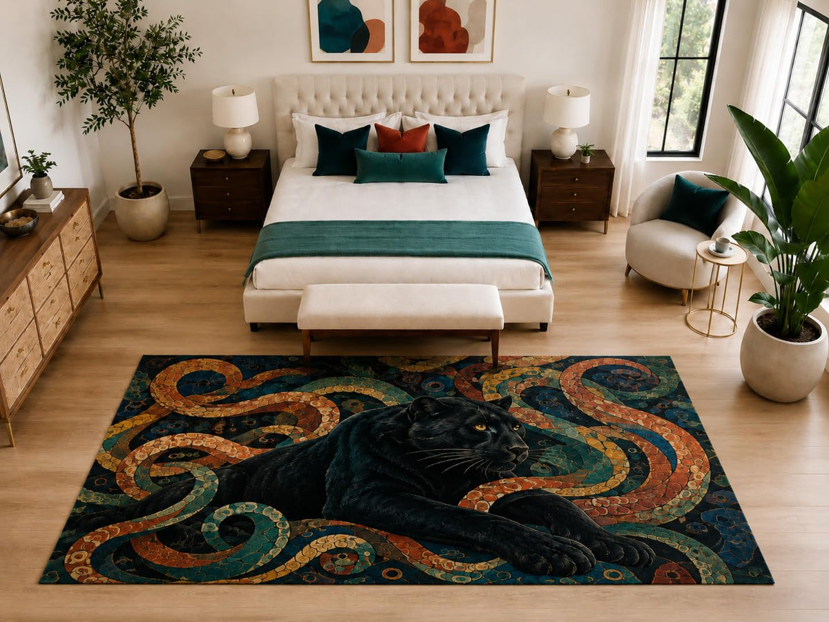 ICE ARMOR "Ultra Light Weight Large 6'7" x 9'10" Black Panther Serpent Rug, Soft Low Pile Indoor Rug, Non-Slip Silicone Backing for Bedroom Teal