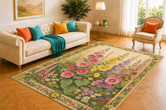ICE ARMOR 5' x 7' Cottage Hollyhock Rug, Tall Rose, Yellow and Lilac Stems with Layered Foliage, Charming Addition for Entryway, Library or Dressing Room