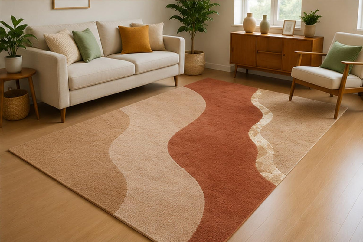 ICE ARMOR 5' x 7' Modern Earth Tone Wave Area Rug for Living Room, Soft Low Pile Indoor Rug with Non-Slip Silicone Backing, Decorative Carpet for Bedroom, Dining Room, Office, Terracotta Beige