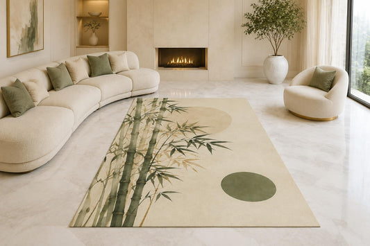 ICE ARMOR "Ultra Lightweight Large 6'7" x 9'10" Minimal Bamboo Circle Area Rug for Living Room, Bedroom and Home Office, Soft Low Pile Carpet with Non-Slip Silicone Backing, Green and Cream