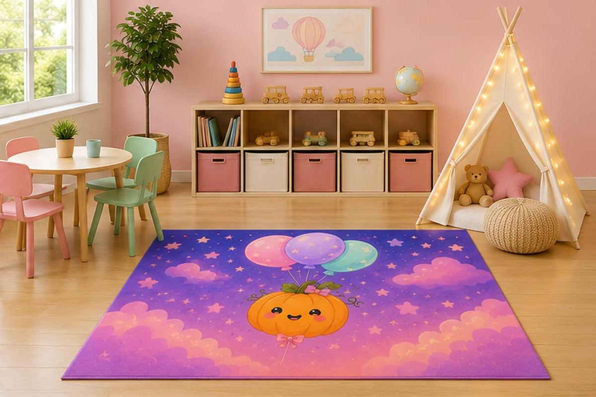 ICE ARMOR 5' x 7' Pumpkin Balloon Sky Kids Area Rug, Cute Smiling Pumpkin Pastel Balloons Kawaii Cartoon Playroom Nursery Bedroom Decor, Non-Slip Silicone Backing Low Pile