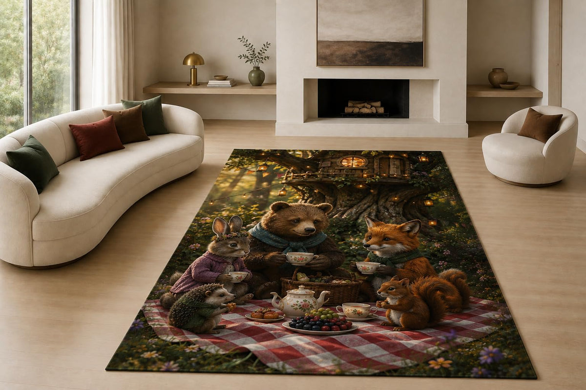 ICE ARMOR "Ultra Lightweight Large 6'7" x 9'10" Woodland Tea Party Area Rug for Living Room, Bedroom and Home Office, Soft Low Pile Carpet with Non-Slip Silicone Backing, Brown and Green