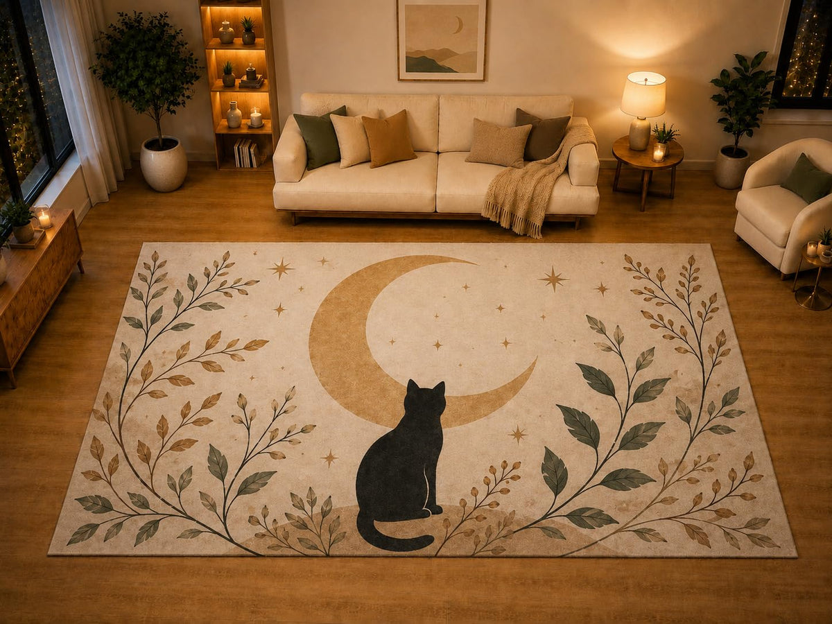 ICE ARMOR "Ultra Light Weight Large 6'7" x 9'10" Black Cat Crescent Moon Area Rug for Living Room Bedroom, Soft Low Pile Non-Slip Backing, Beige Black Botanical Celestial Decor