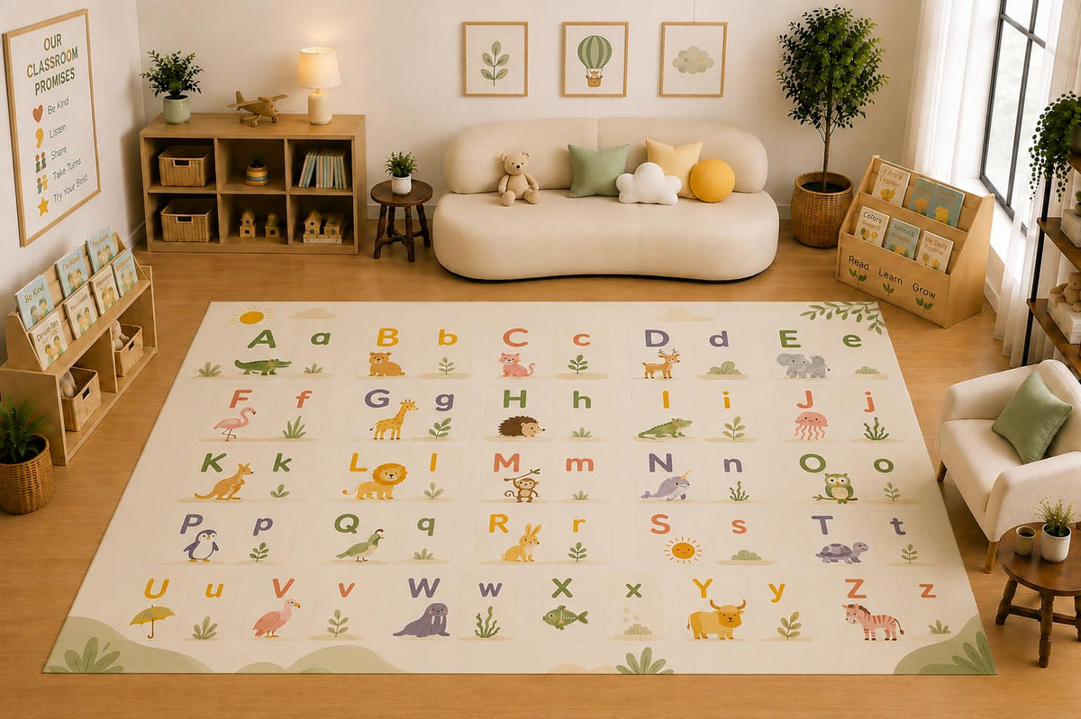 ICE ARMOR Large 6'7" x 9'10" Animal Alphabet ABC Learning Area Rug for for Kids Room, Classroom, Bedroom, Playroom Decor, Soft Low Pile Indoor Rug with Non-Slip Silicone Backing, Cream