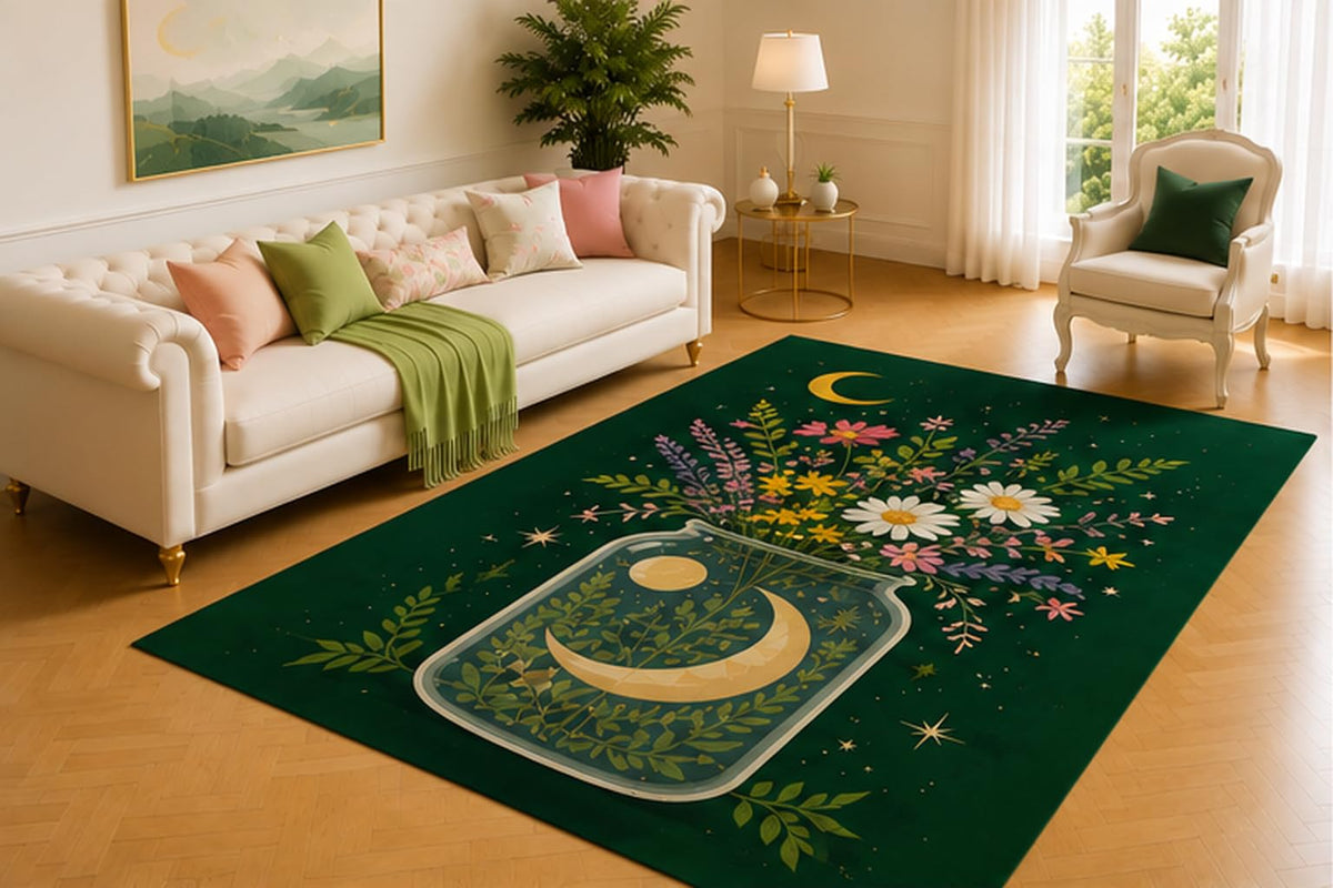 ICE ARMOR 5' x 7' Celestial Wildflower Rug, Crescent Moon and Colorful Blossoms on Deep Green, Enchanted Accent for Bedroom, Reading Nook, Studio or Lounge