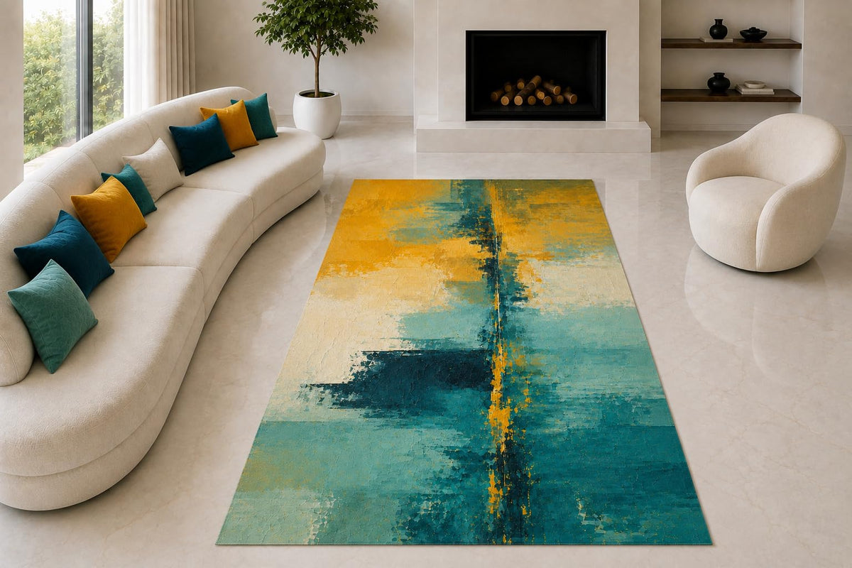 ICE ARMOR "Ultra Lightweight Large 6'7" x 9'10" Abstract Color Divide Area Rug for Living Room, Bedroom and Home Office, Soft Low Pile Carpet with Non-Slip Silicone Backing, Teal and Yellow