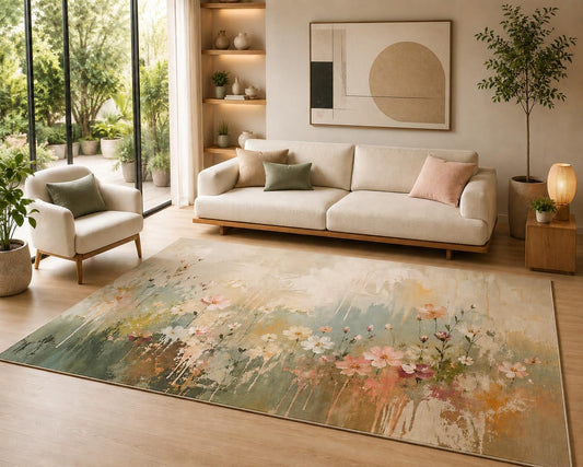 ICE ARMOR 6'7" x 9'10" Wildflower Meadow Area Rug for Living Room, Soft Low Pile Indoor Rug with Non-Slip Silicone Backing, Decorative Carpet for Bedroom, Dining Room and Office, Multicolored