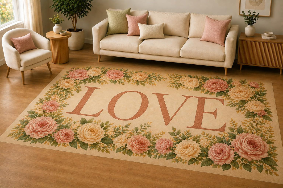 ICE ARMOR 5' x 7' Romantic Rose Love Area Rug, Soft Low Pile Indoor Rug with Non-Slip Silicone Backing, Decorative Carpet for Living Room, Bedroom, Family Room, Beige Blush