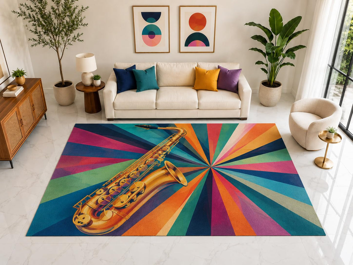 ICE ARMOR "Ultra Light Weight Large 6'7" x 9'10" Saxophone Burst Rug, Soft Low Pile Indoor Rug, Non-Slip Silicone Backing for Living Room Teal
