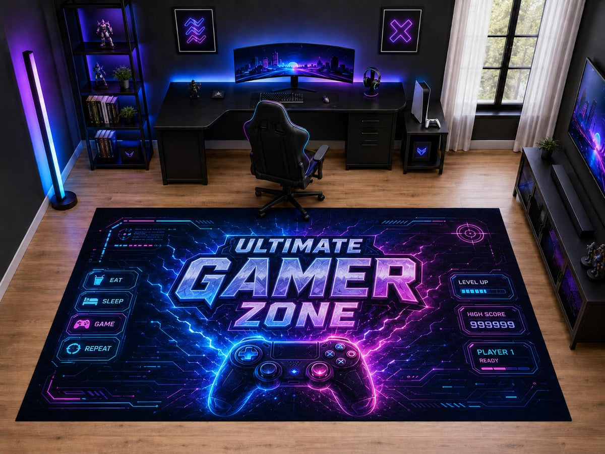 ICE ARMOR "Ultra Light Weight Large 6'7" x 9'10" Ultimate Gamer Zone Area Rug for Kids Room Bedroom, Soft Low Pile Indoor Rug and Non-Slip Silicone Backing, Black