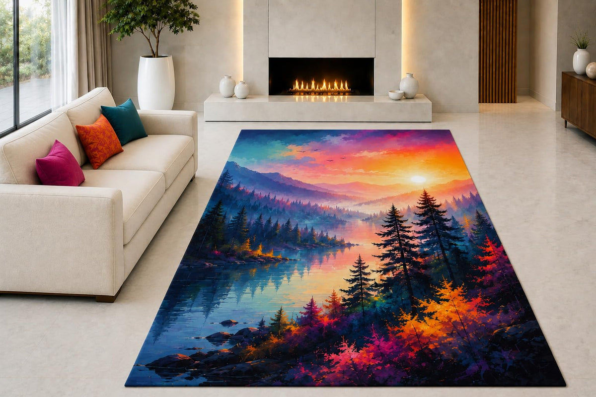 ICE ARMOR "Ultra Light Weight 5' x 7' Colorful Lake Sunset Area Rug for Living Room, Bedroom and Home Office, Soft Low Pile Carpet with Non-Slip Silicone Backing, Blue and Orange