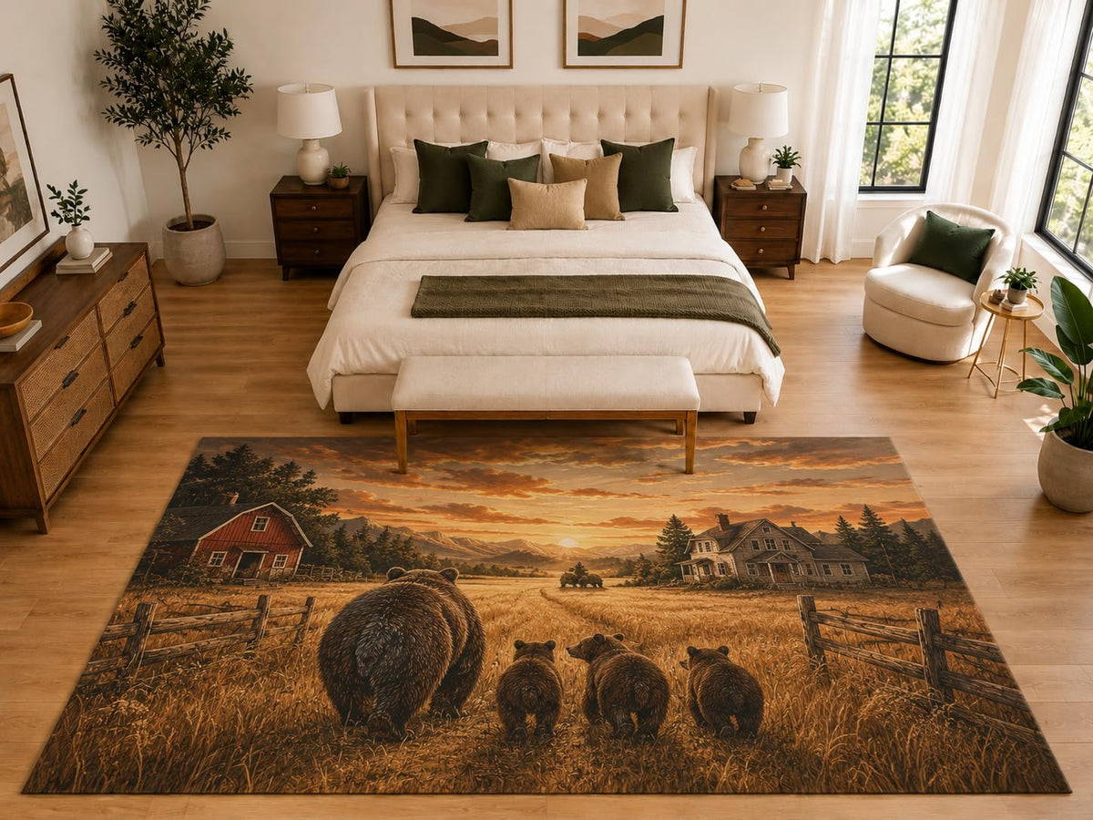 ICE ARMOR "Ultra Light Weight Large 6'7" x 9'10" Bear Family Sunset Rug, Soft Low Pile Indoor Rug, Non-Slip Silicone Backing for Living Room Brown
