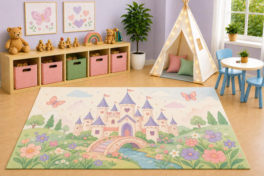ICE ARMOR 5' x 7' Watercolor Princess Castle Area Rug, Pastel Butterfly Garden Fairytale Floral Kids Playroom Nursery Bedroom Rug, Non-Slip Silicone Backing Low Pile