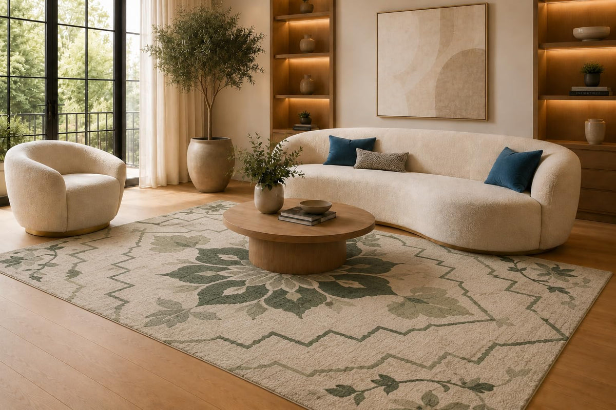 ICE ARMOR 6'7" x 9'10" Green and Cream Floral Medallion Area Rug for Living Room, Soft Low Pile Carpet with Non-Slip Silicone Backing, Floor Decor for Bedroom, Dining Area and Home Office