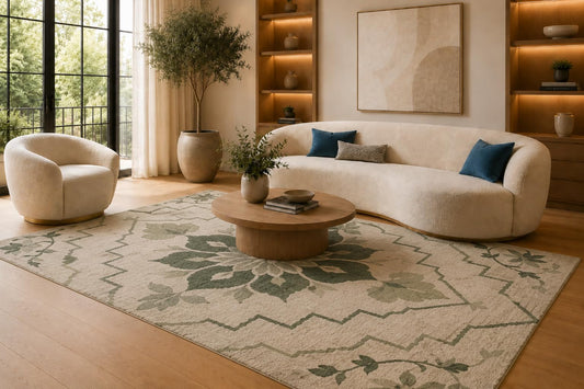 ICE ARMOR 6'7" x 9'10" Green and Cream Floral Medallion Area Rug for Living Room, Soft Low Pile Carpet with Non-Slip Silicone Backing, Floor Decor for Bedroom, Dining Area and Home Office