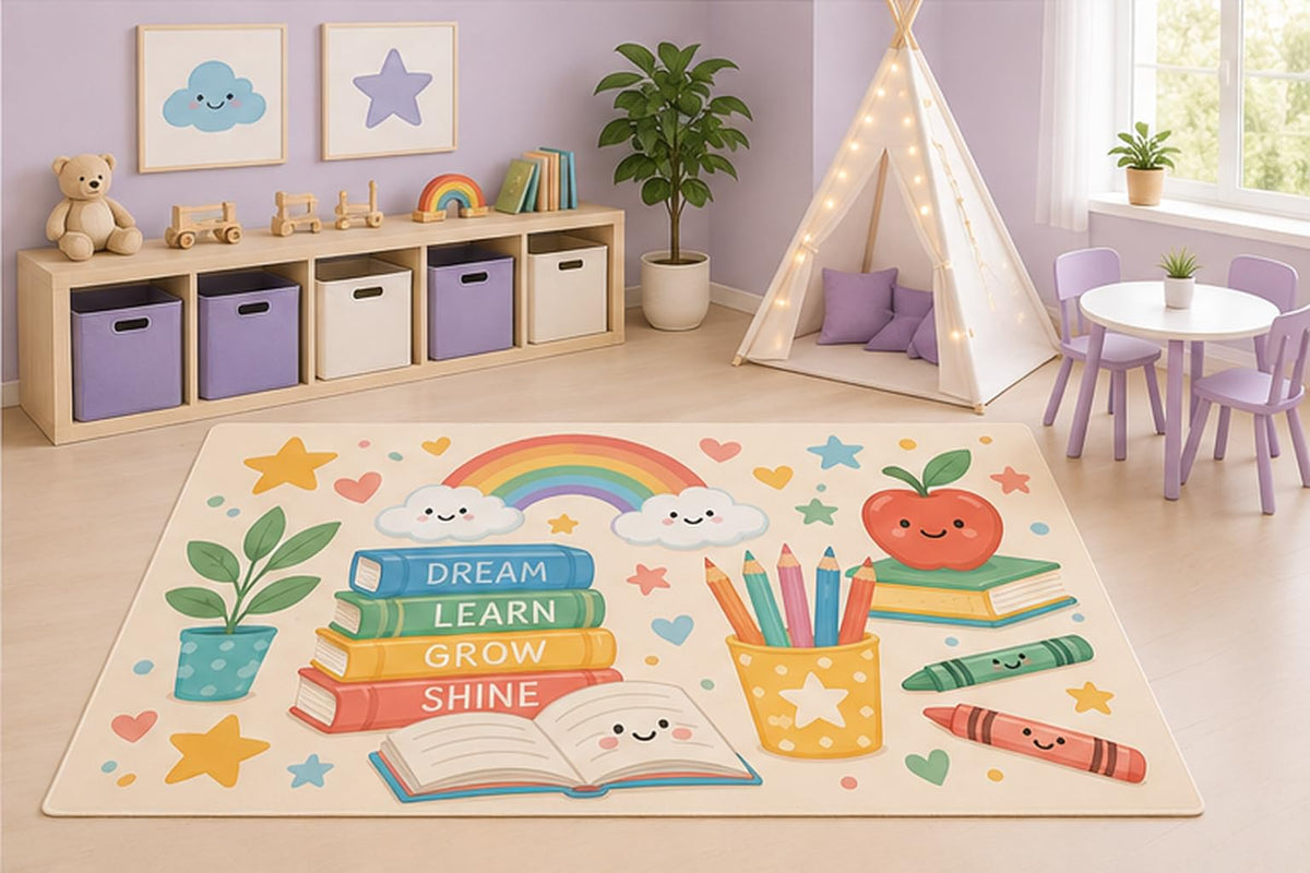 ICE ARMOR 5' x 7' Dream Learn Grow Area Rug for Kids Playroom Nursery Bedroom, Inspirational Books Rainbow Apple Crayons Educational Cartoon Decor, Non-Slip Silicone Backing Low Pile