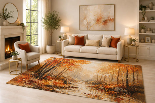 ICE ARMOR 6'7" x 9'10" Autumn Forest Path Area Rug for Living Room, Soft Low Pile Indoor Rug with Non-Slip Silicone Backing, Decorative Carpet for Bedroom, Dining Room and Office, Orange