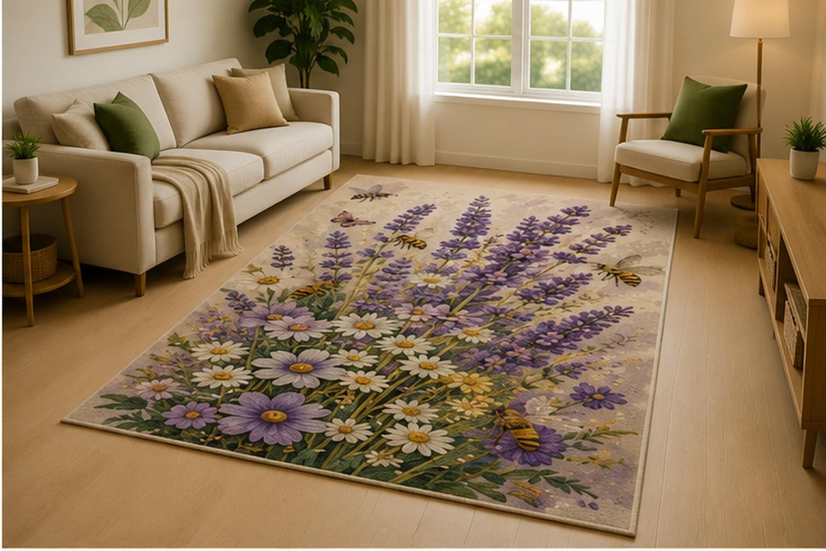 ICE ARMOR 5' x 7' Lavender Wildflower Bouquet Area Rug for Living Room, Soft Low Pile Indoor Rug with Non-Slip Silicone Backing, Bedroom, Nursery, Purple White