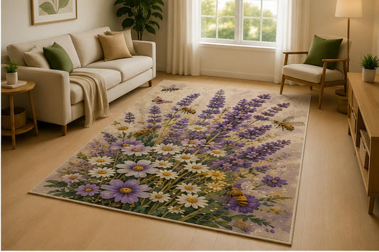 ICE ARMOR 5' x 7' Lavender Wildflower Bouquet Area Rug for Living Room, Soft Low Pile Indoor Rug with Non-Slip Silicone Backing, Bedroom, Nursery, Purple White