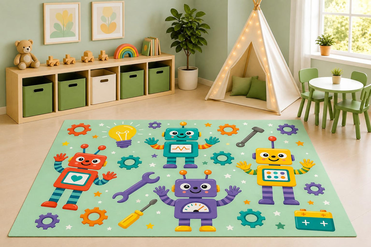 ICE ARMOR 5' x 7' Cute Robot STEM Area Rug for Kids Playroom Nursery Bedroom, Friendly Robots Gears Tools Science Cartoon Carpet, Non-Slip Silicone Backing Low Pile