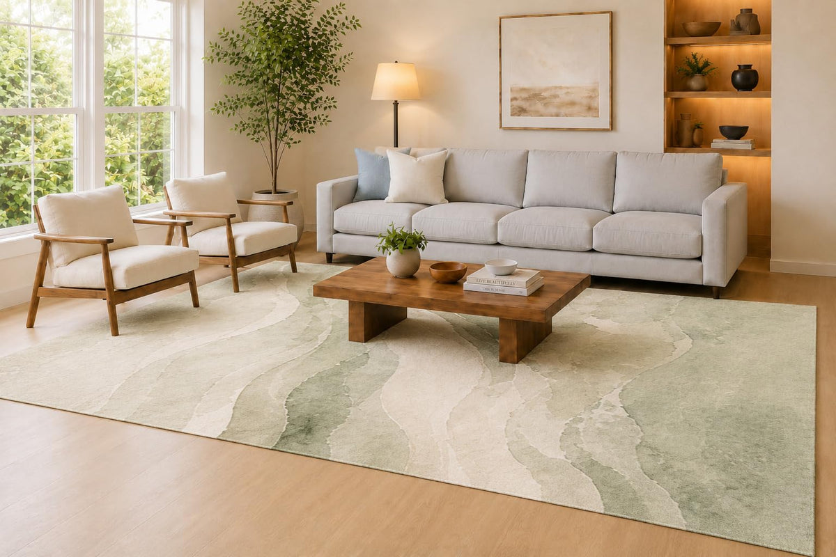 ICE Armor Large 6'7" x 9'10" Sage Green and Ivory Abstract Marble Waves Area Rug for Living Room, Soft Low Pile Carpet with Non-Slip Silicone Backing, Decor for Bedroom, Dining Area and Home Office