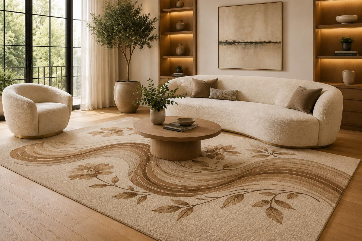 ICE ARMOR 6'7" x 9'10" Brown and Cream Wavy Blossom Ribbons Area Rug for Living Room, Soft Low Pile Carpet with Non-Slip Silicone Backing, Floor Decor for Bedroom, Dining Area and Home Office