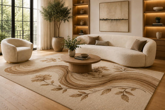 ICE ARMOR 6'7" x 9'10" Brown and Cream Wavy Blossom Ribbons Area Rug for Living Room, Soft Low Pile Carpet with Non-Slip Silicone Backing, Floor Decor for Bedroom, Dining Area and Home Office