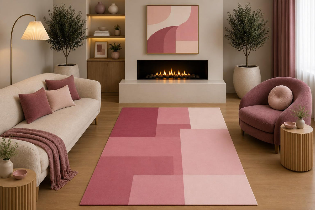 ICE ARMOR 5' x 7' Modern Geometric Area Rug Rose Pink Blush Mauve Abstract Color Block Design for Living Room Bedroom Nursery Office Non-Slip Silicone Backing Low Pile