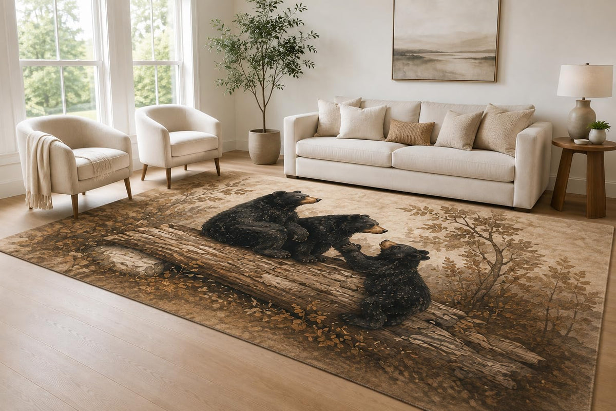 ICE ARMOR Large 6'7" x 9'10" Black and Beige Bear Family Area Rug for Living Room, Soft Low Pile Carpet with Non-Slip Silicone Backing, Decor for Bedroom and Home Office