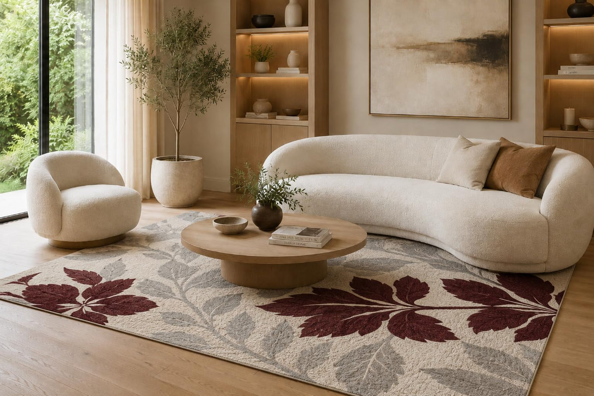 ICE ARMOR 6'7" x 9'10" Burgundy and Gray Botanical Leaf Area Rug for Living Room, Soft Low Pile Carpet with Non-Slip Silicone Backing, Floor Decor for Bedroom, Dining Area and Home Office