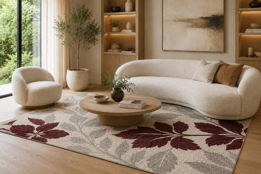 ICE ARMOR 6'7" x 9'10" Burgundy and Gray Botanical Leaf Area Rug for Living Room, Soft Low Pile Carpet with Non-Slip Silicone Backing, Floor Decor for Bedroom, Dining Area and Home Office