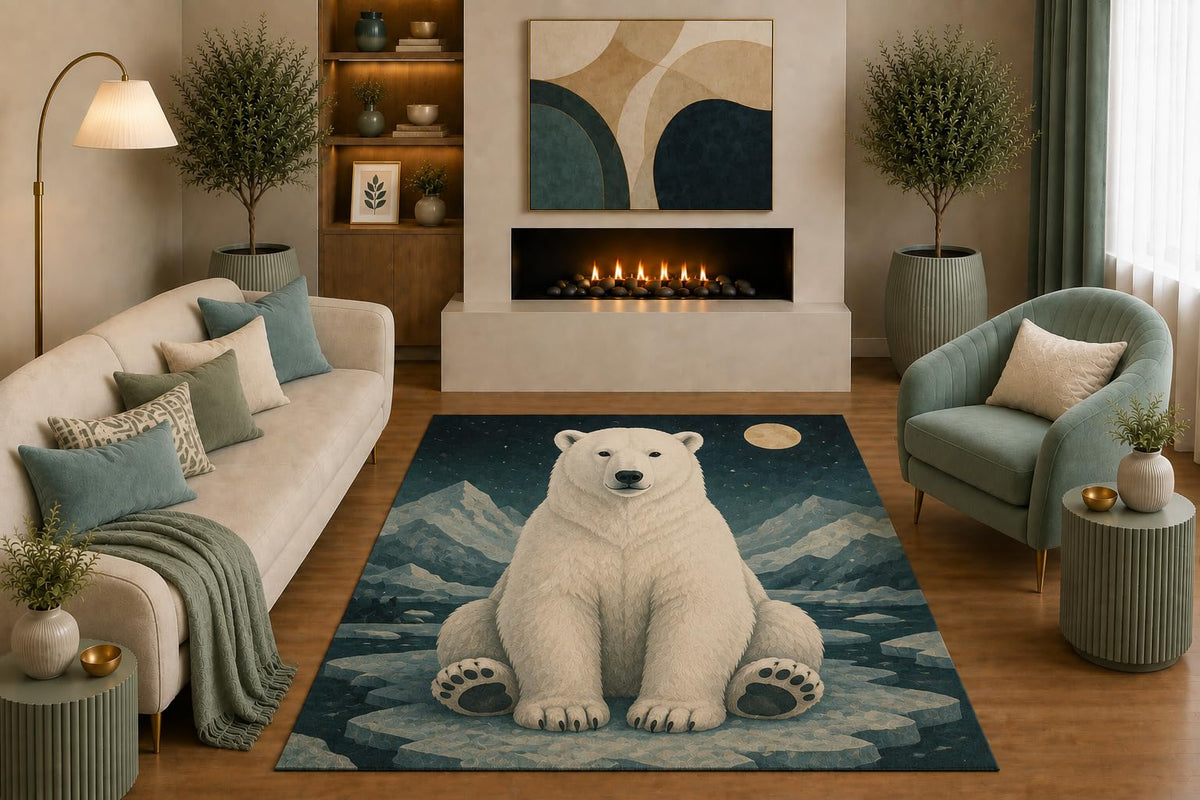 ICE ARMOR "Ultra Light Weight 5' x 7' Polar Bear Area Rug Arctic Wildlife Mountain Art for Living Room Bedroom Nursery Office Decor Non-Slip Silicone Backing Low Pile