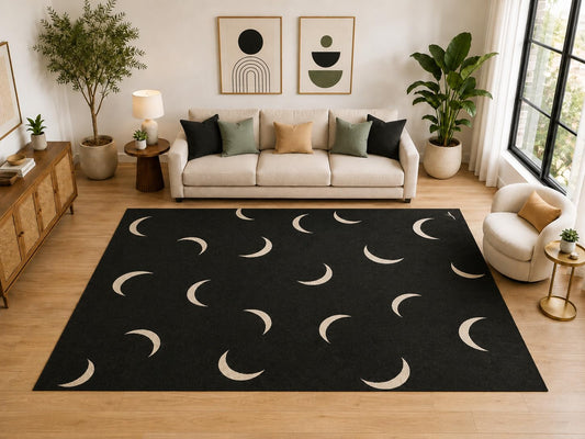 ICE ARMOR Large 6'7" x 9'10" Celestial Crescent Moon Area Rug for for Bedroom, Living Room, Soft Low Pile Indoor Rug with Non-Slip Silicone Backing, Black Ivory