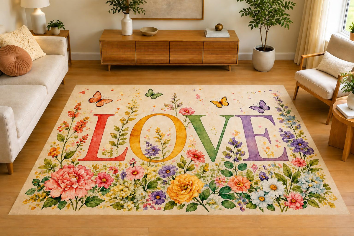 ICE ARMOR 5' x 7' Butterfly Flower Garden Love Area Rug, Soft Low Pile Indoor Rug with Non-Slip Silicone Backing, Decorative Carpet for Living Room, Bedroom, Kids & Pets, Beige Pastel