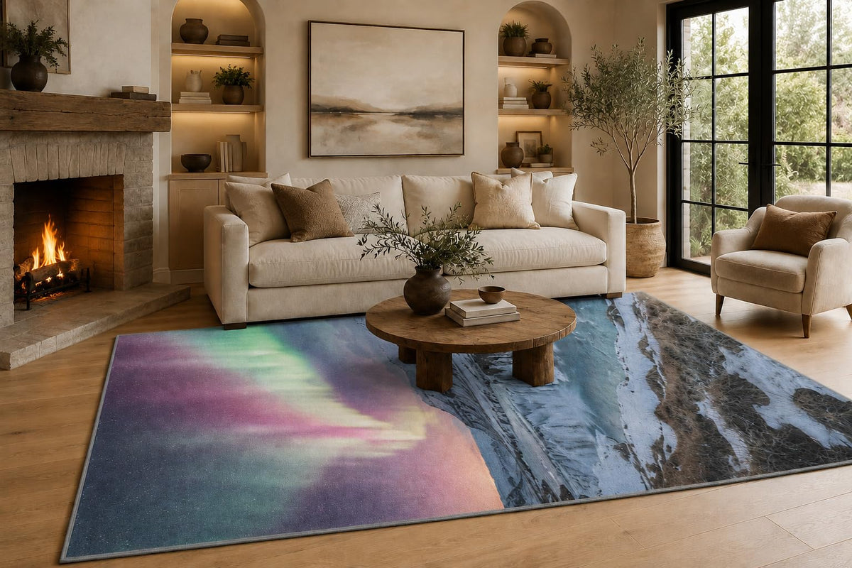 ICE ARMOR 6'7" x 9'10" Teal and Blue Northern Lights Mountain Area Rug for Living Room, Soft Low Pile Carpet with Non-Slip Silicone Backing, Floor Decor for Bedroom, Dining Room and Home Office