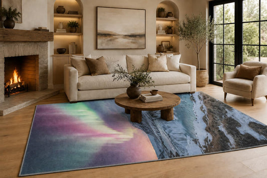 ICE ARMOR 6'7" x 9'10" Teal and Blue Northern Lights Mountain Area Rug for Living Room, Soft Low Pile Carpet with Non-Slip Silicone Backing, Floor Decor for Bedroom, Dining Room and Home Office