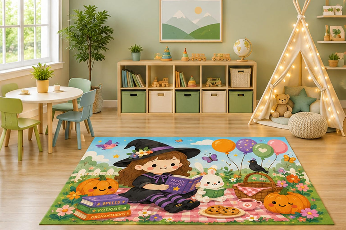 ICE ARMOR 5' x 7' Little Witch Story Time Kids Area Rug, Cute Pumpkin Bunny Reading Cartoon Autumn Playroom Nursery Bedroom Decor, Non-Slip Silicone Backing Low Pile